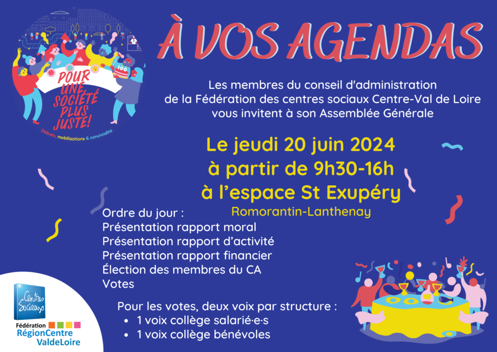 Invitation à l'assemblée générale le 20 juin 2024 9h30 16h à Romorantin - Espace Saint Exupéry